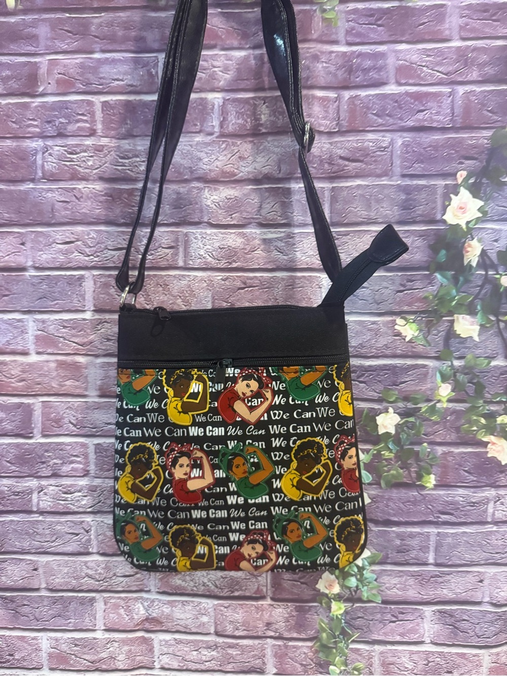 Black Multi-Color Crossbody Bag — 'We Can' Graphic Print new Rosie women